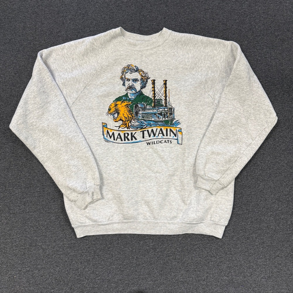 90s Hanes Sweatshirt Mens XL Gray Good Mark Twain Wildcats Raglan Graphic